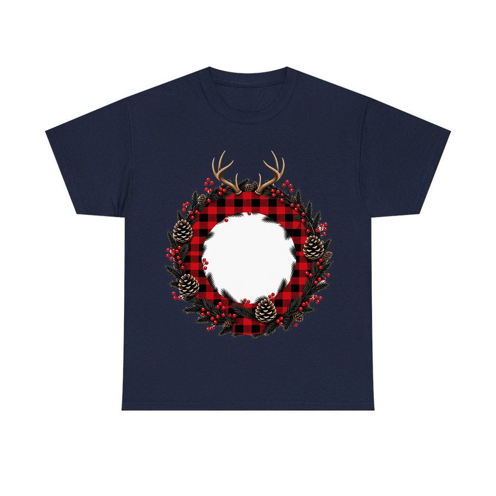 Buffalo Plaid Antler Wreath personalised Christmas T-shirt in navy