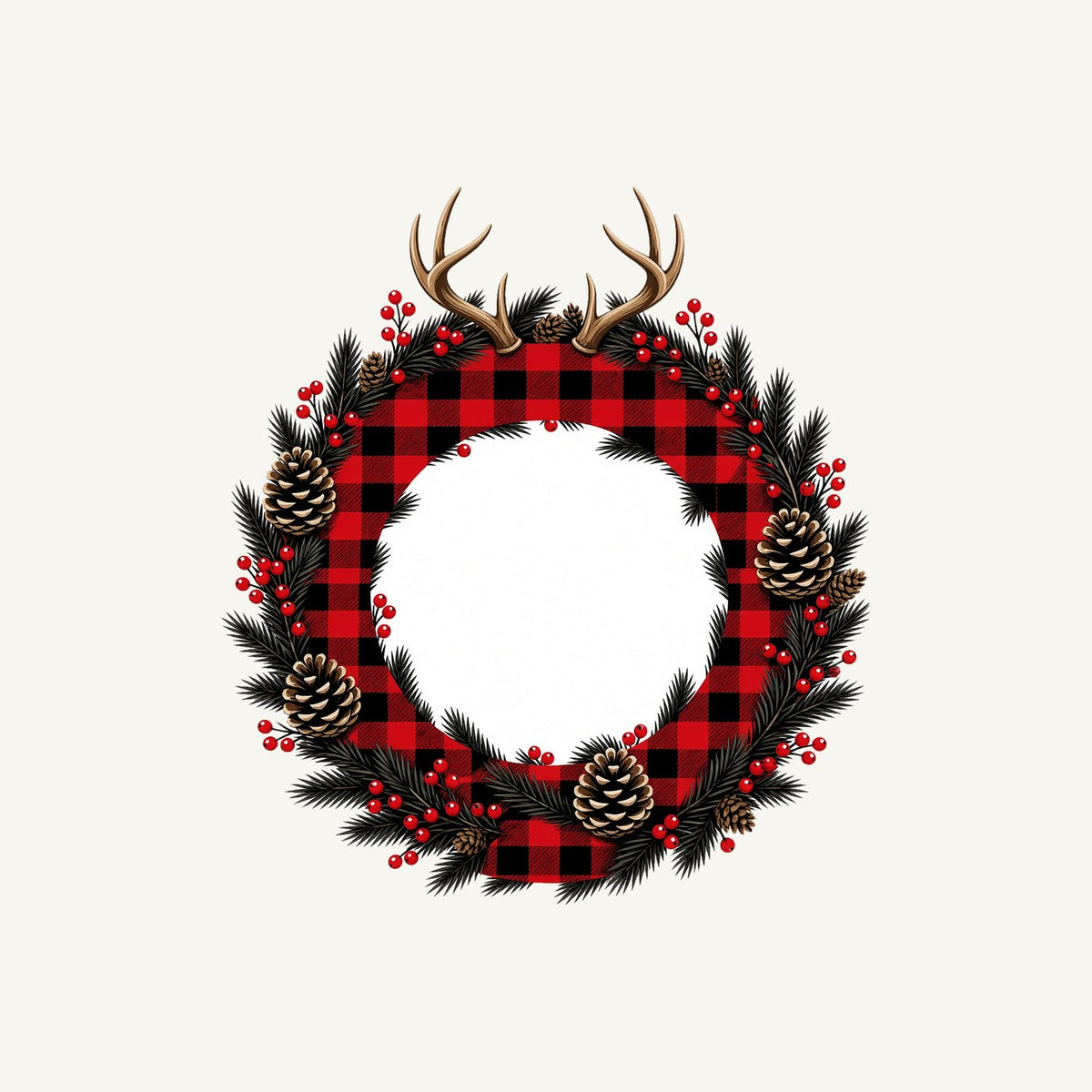 Buffalo Plaid Antler Wreath Personalised Santa Sack
