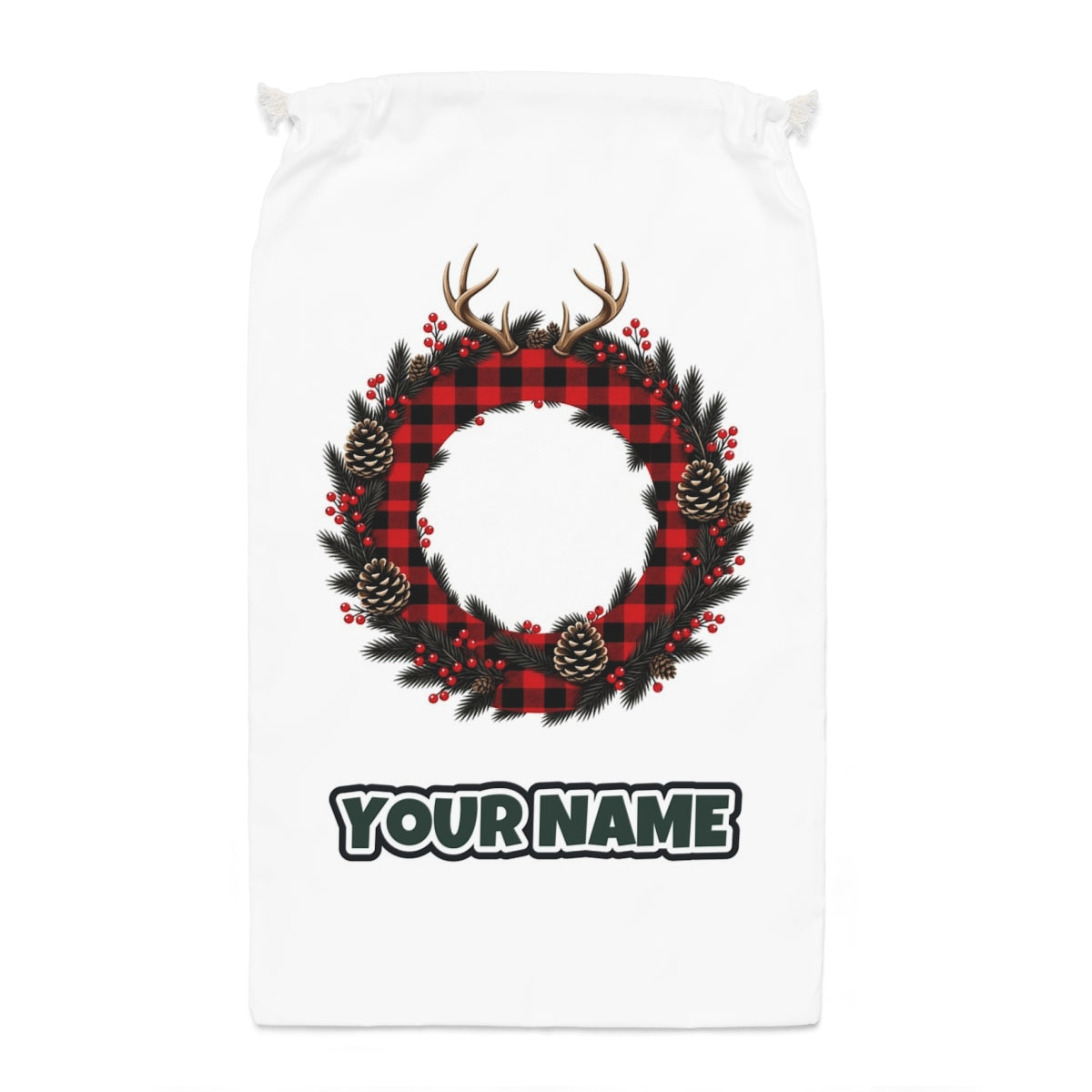 Buffalo Plaid Antler Wreath Santa sack laid flat, showing the full print
