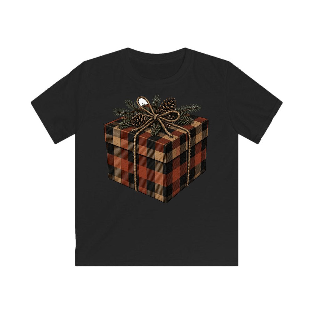 Buffalo Plaid Gift Box personalised kids Christmas tee in black