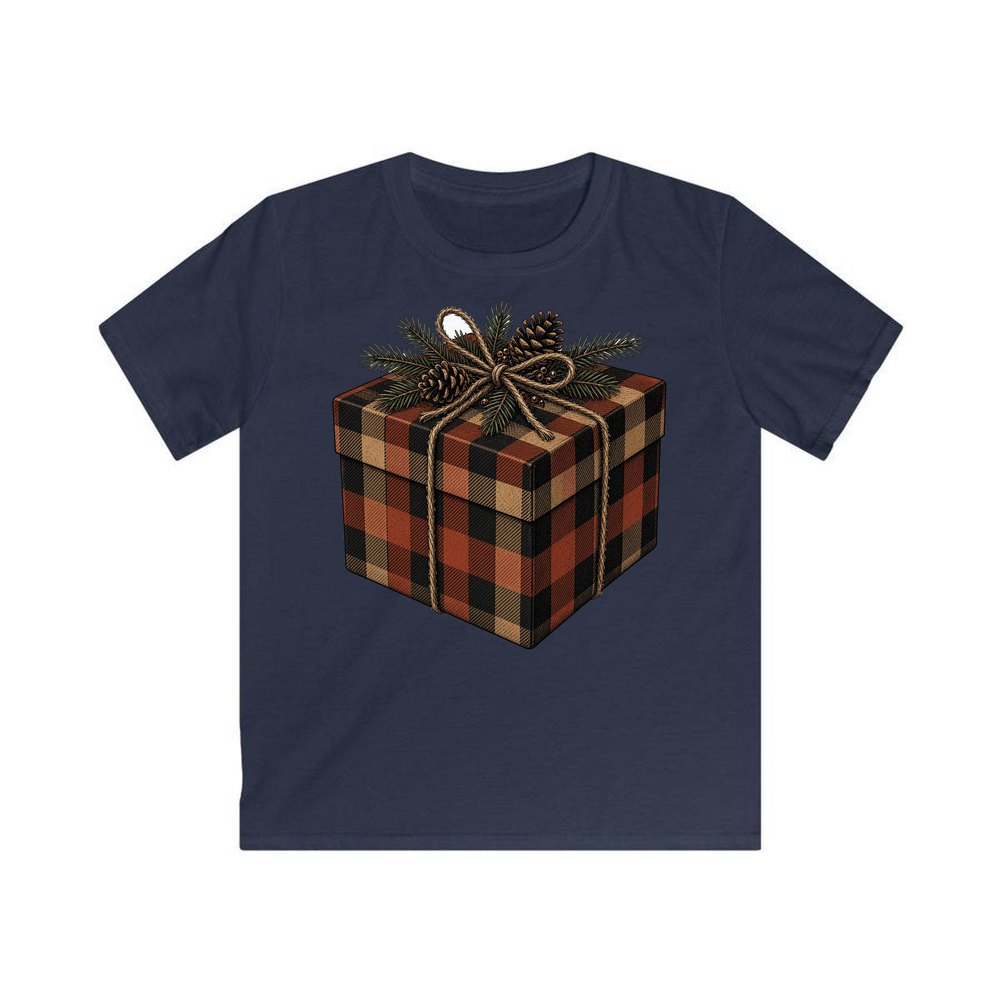 Buffalo Plaid Gift Box personalised kids Christmas tee in navy