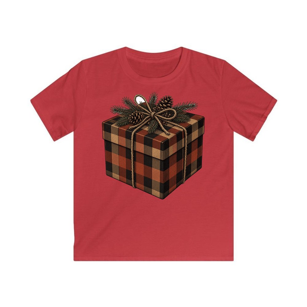 Buffalo Plaid Gift Box personalised kids Christmas tee in red