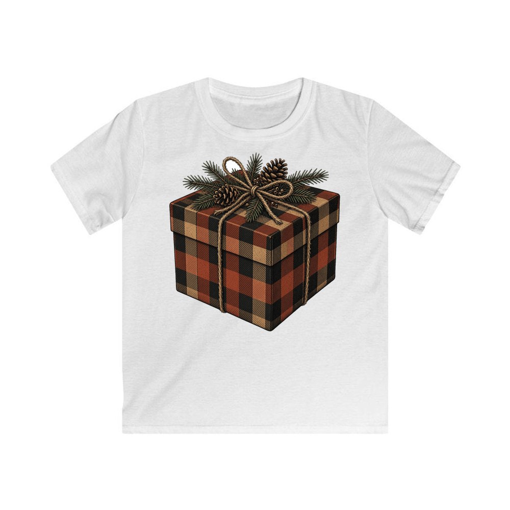 Buffalo Plaid Gift Box personalised kids Christmas tee in white