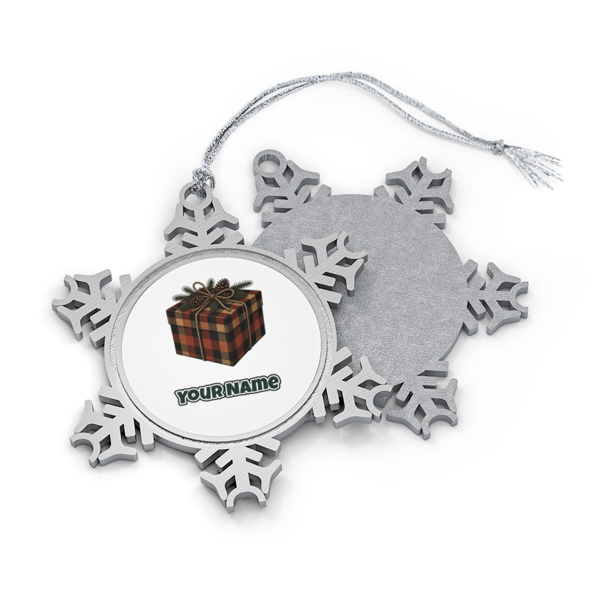 Buffalo Plaid Gift Box Personalised Pewter Christmas Ornament