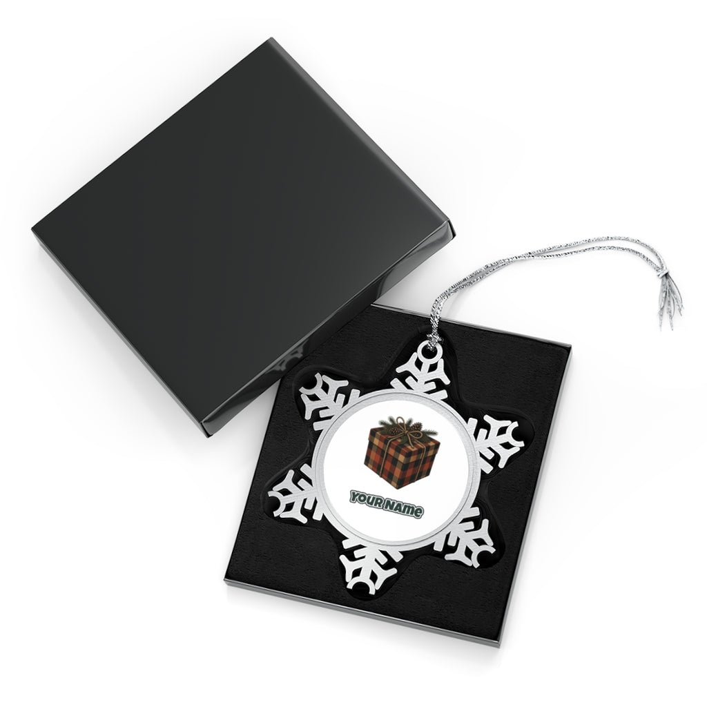 Buffalo Plaid Gift Box Personalised Pewter Christmas Ornament
