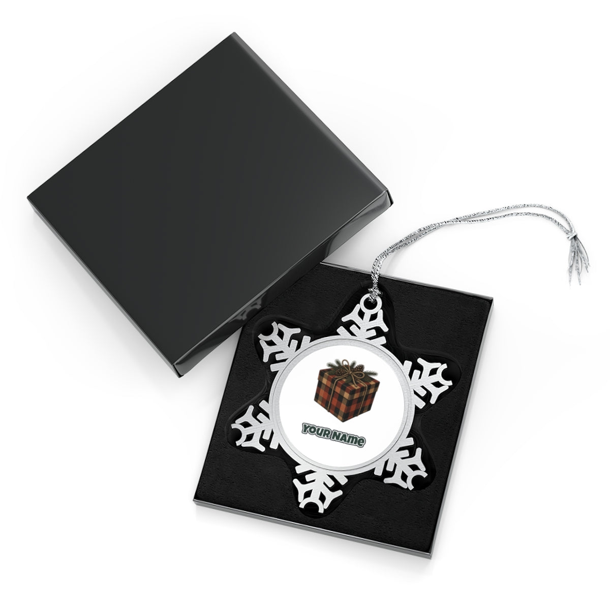 Buffalo Plaid Gift Box Personalised Pewter Christmas Ornament