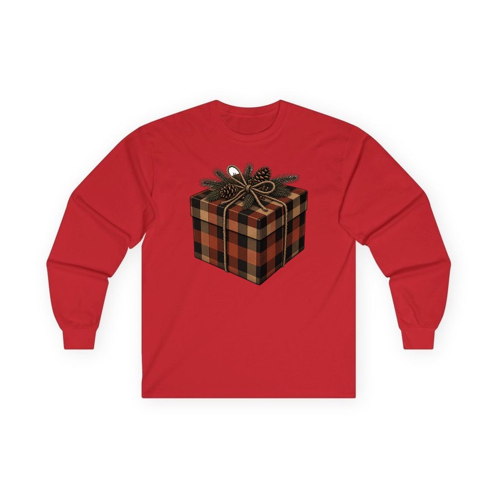Buffalo Plaid Gift Box personalised long sleeve Christmas T-shirt in red