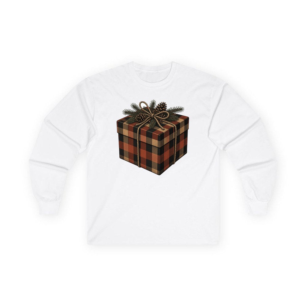 Buffalo Plaid Gift Box personalised long sleeve Christmas T-shirt in white