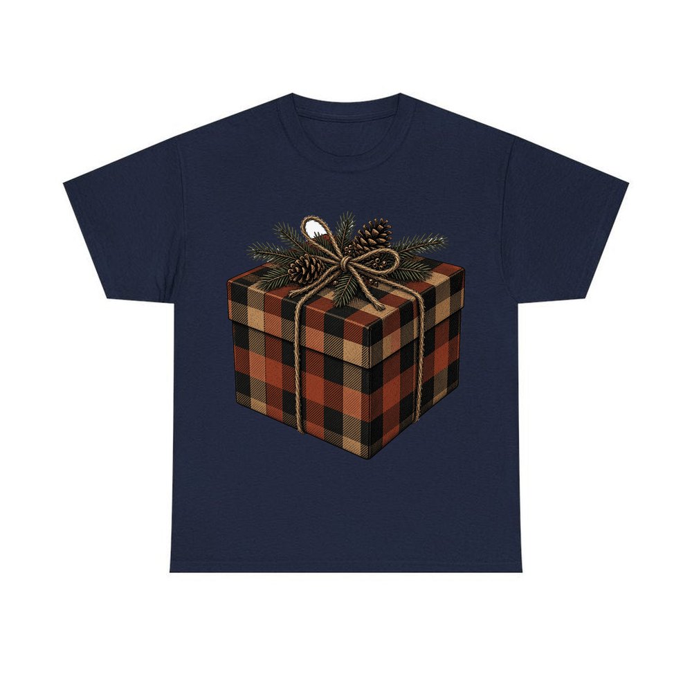 Buffalo Plaid Gift Box personalised Christmas T-shirt in navy