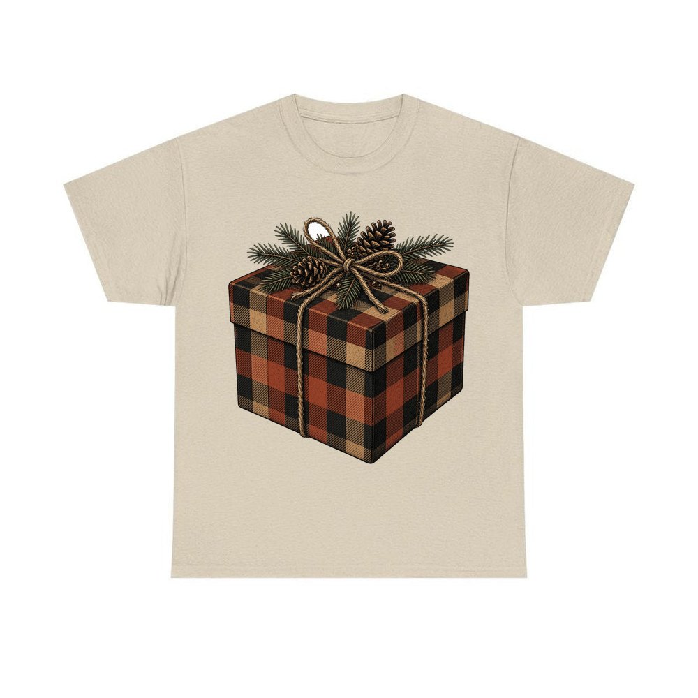 Buffalo Plaid Gift Box personalised Christmas T-shirt in sand