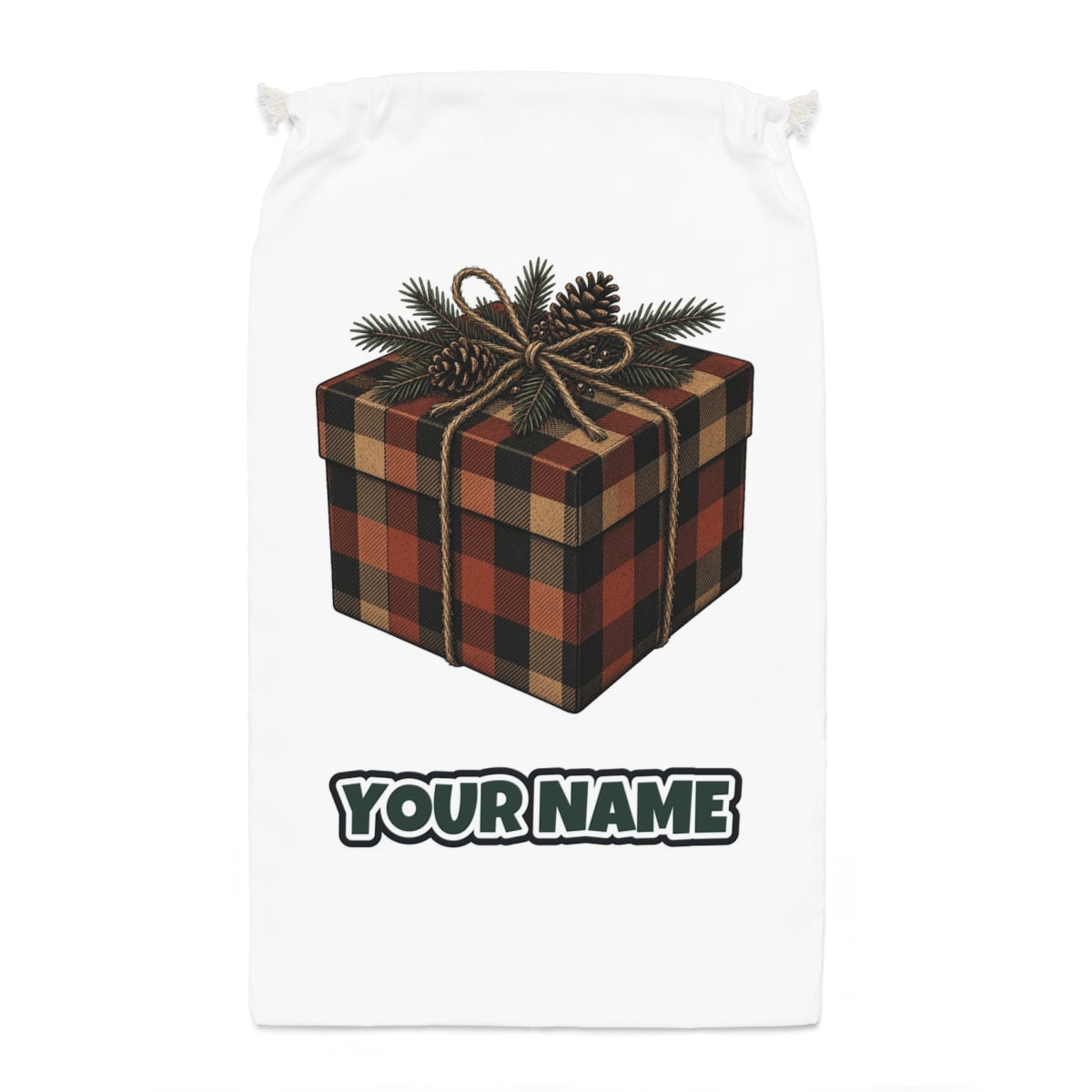 Buffalo Plaid Gift Box Santa sack laid flat, showing the full print