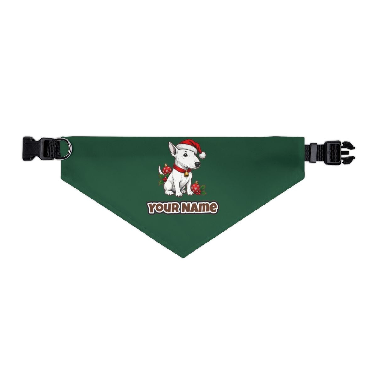 Bull Terrier personalised Christmas pet bandana in green, collar with buckle