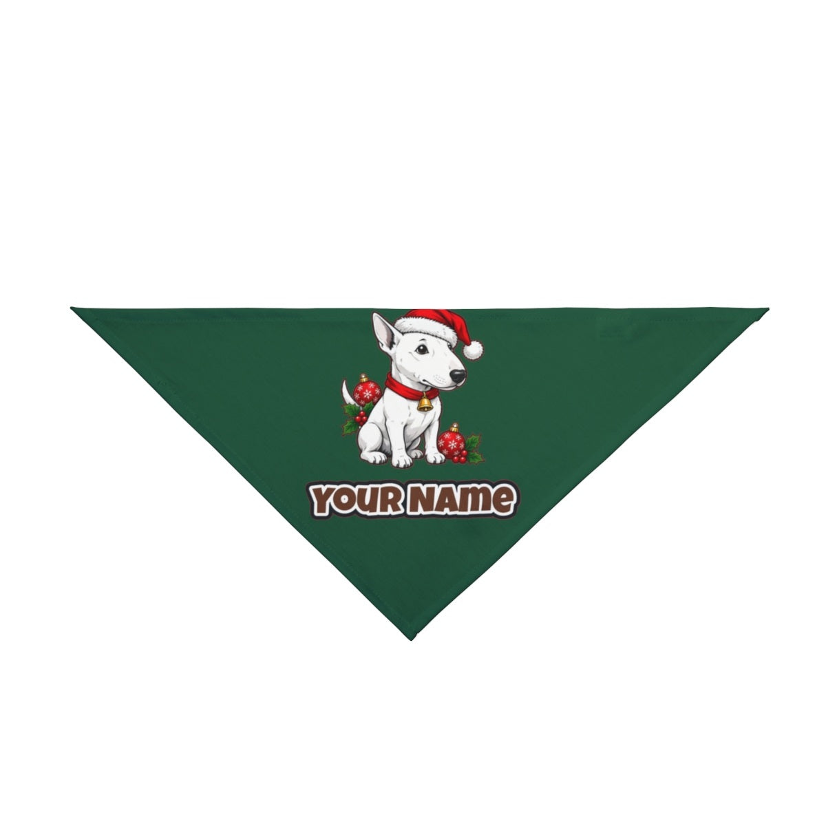 Bull Terrier personalised Christmas pet bandana in green, tie-on style