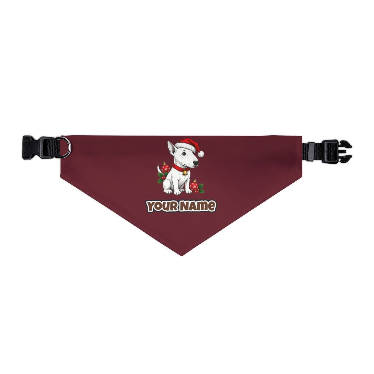 Bull Terrier personalised Christmas pet bandana in maroon, collar with buckle