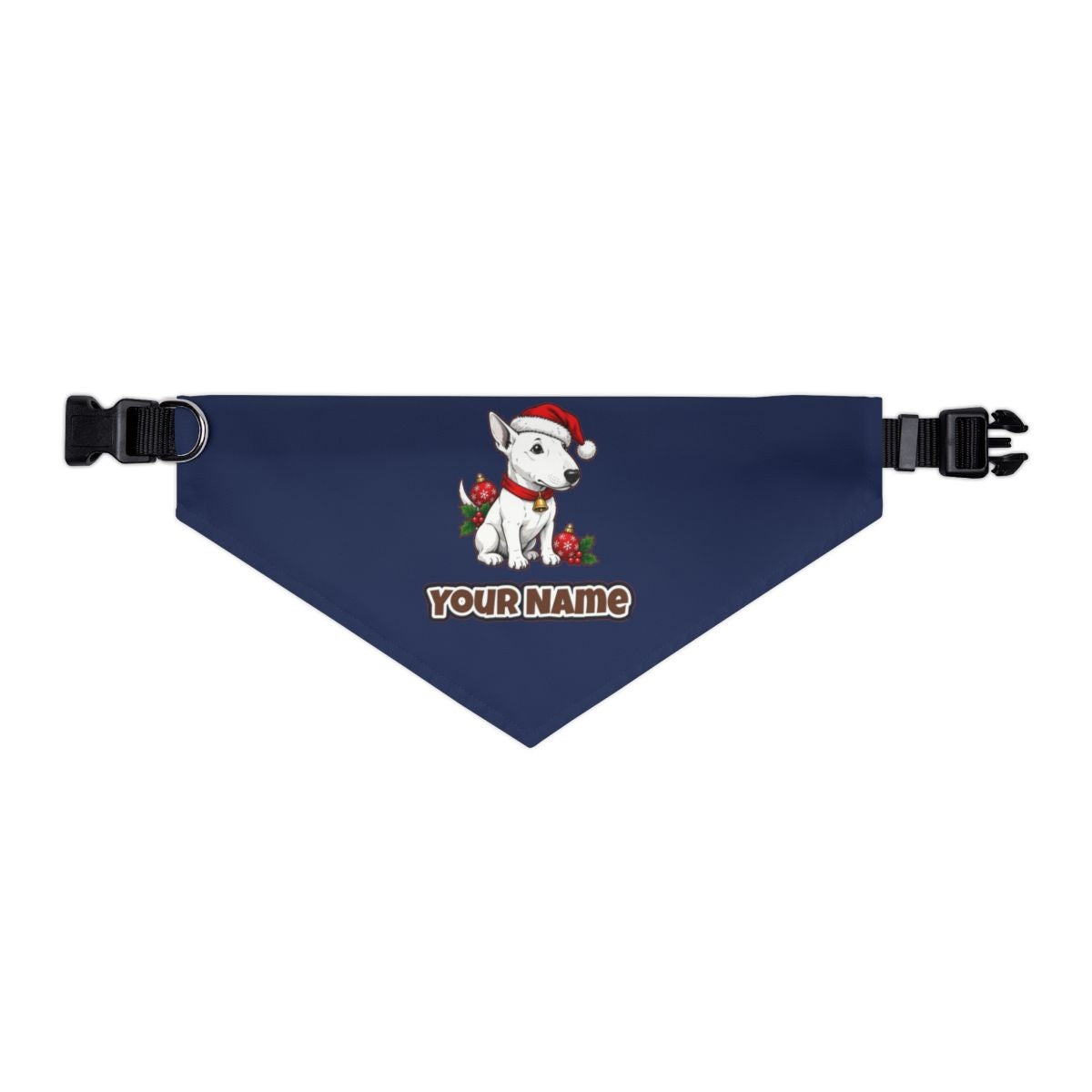 Bull Terrier personalised Christmas pet bandana in navy, collar with buckle