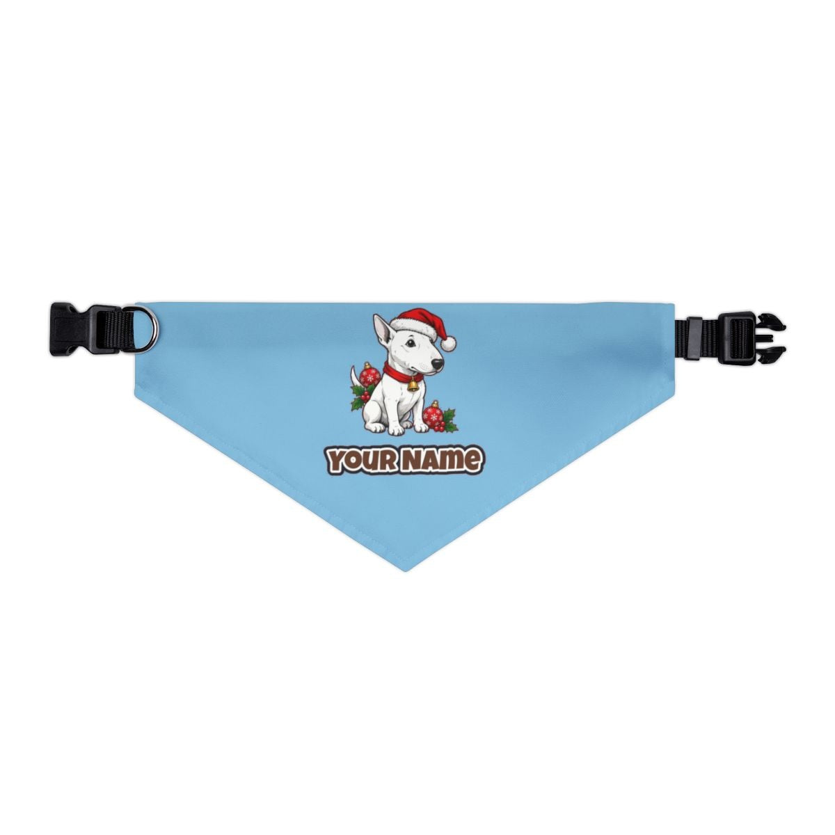 Bull Terrier personalised Christmas pet bandana in sky blue, collar with buckle