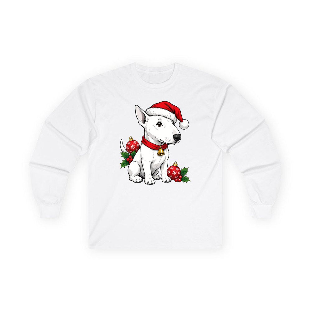 Bull Terrier personalised long sleeve Christmas T-shirt in white