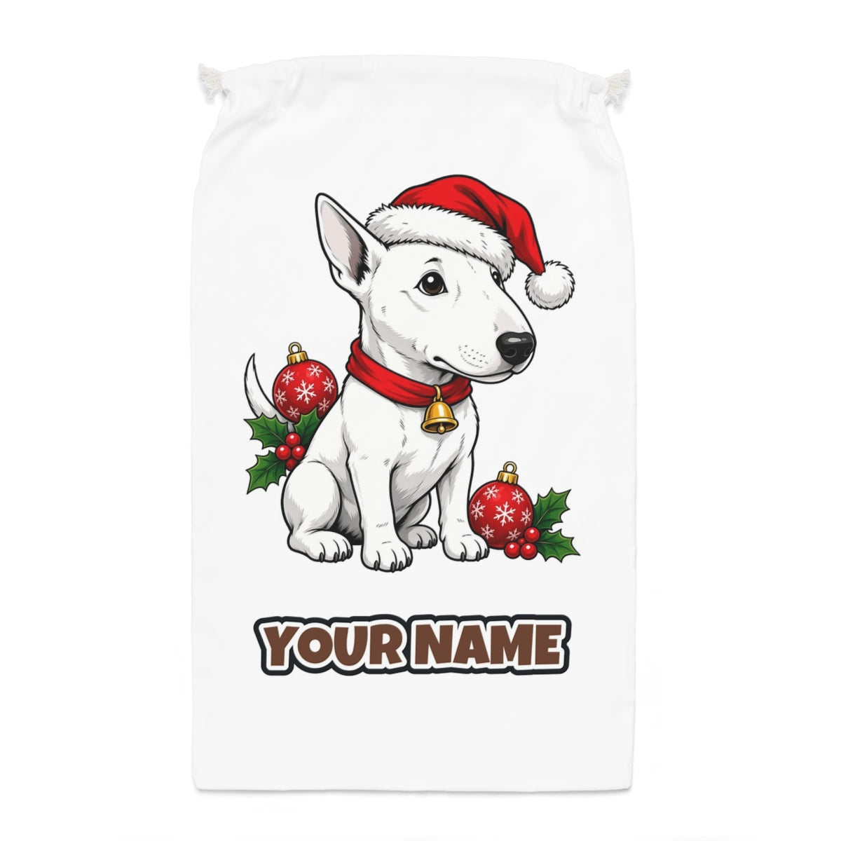 Bull Terrier Santa sack laid flat, showing the full print