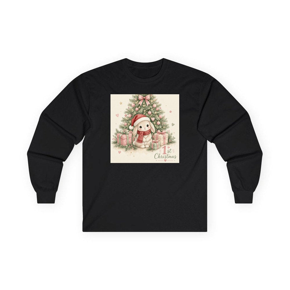 Bunny's First Christmas personalised long sleeve Christmas T-shirt in black