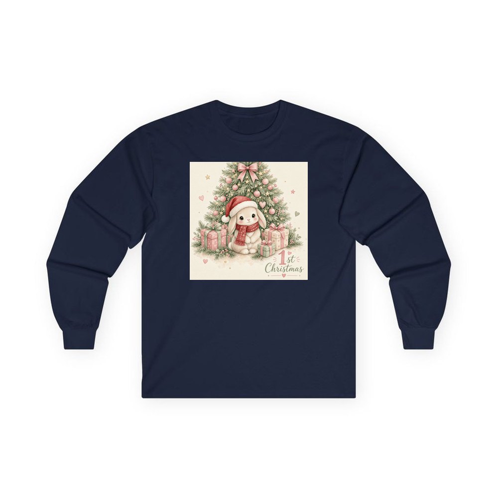 Bunny's First Christmas personalised long sleeve Christmas T-shirt in navy