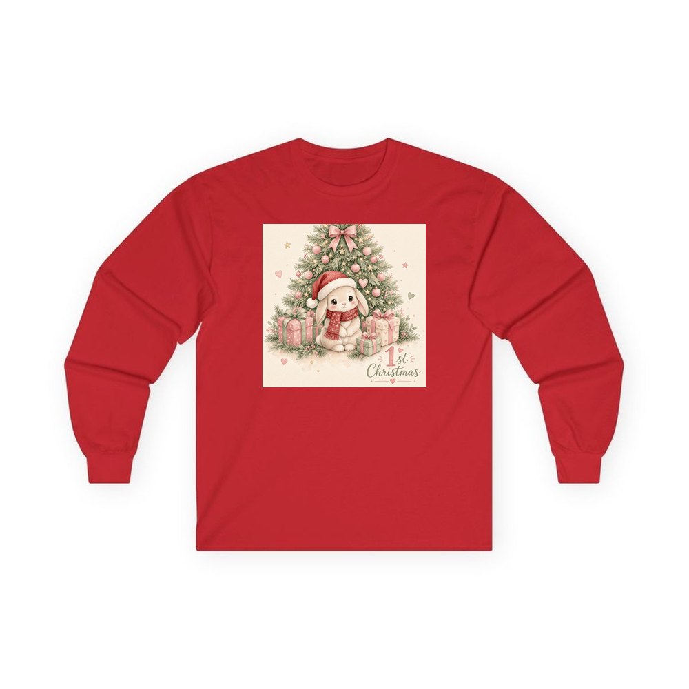 Bunny's First Christmas personalised long sleeve Christmas T-shirt in red