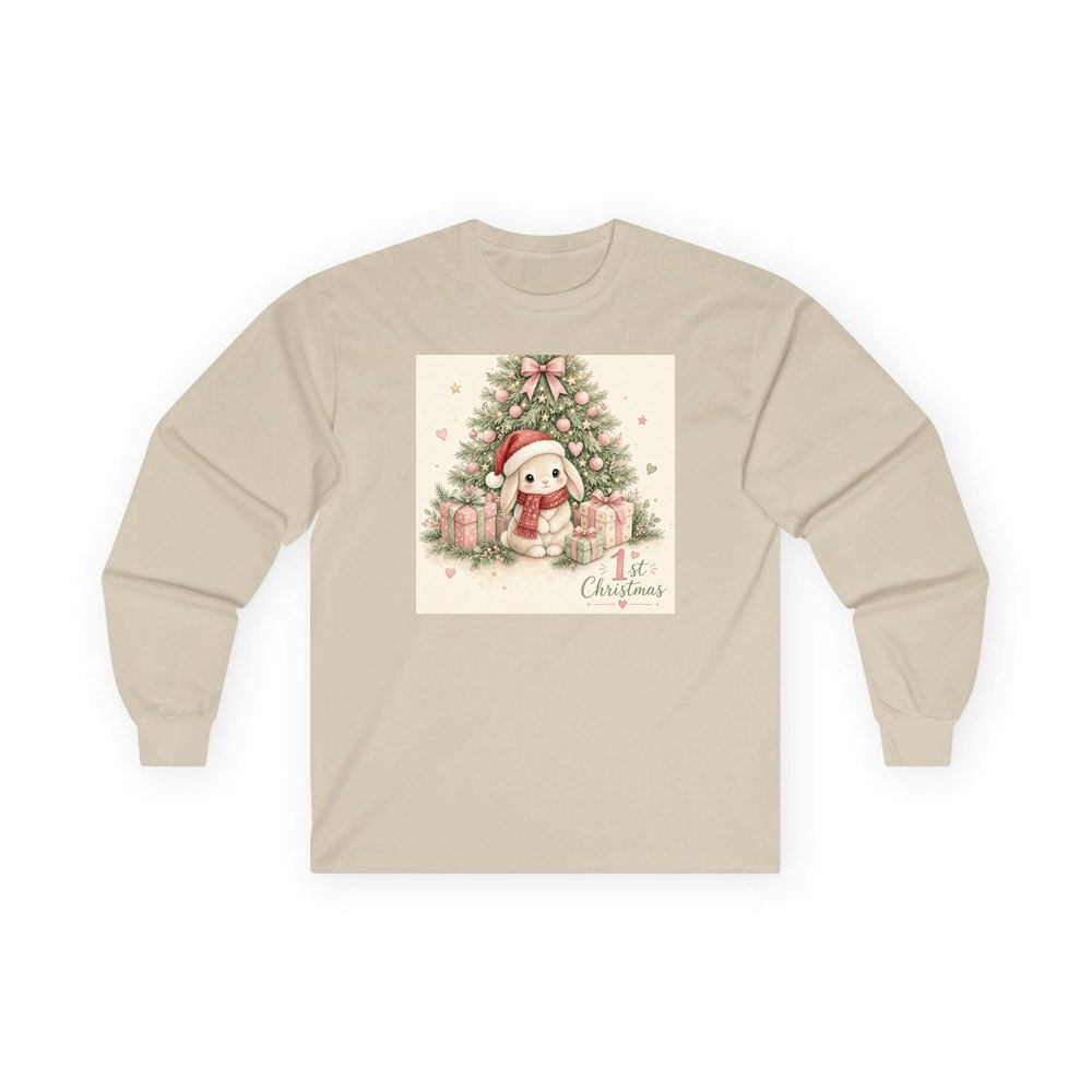 Bunny's First Christmas personalised long sleeve Christmas T-shirt in sand