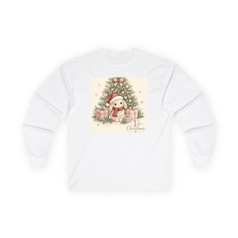 Bunny's First Christmas personalised long sleeve Christmas T-shirt in white
