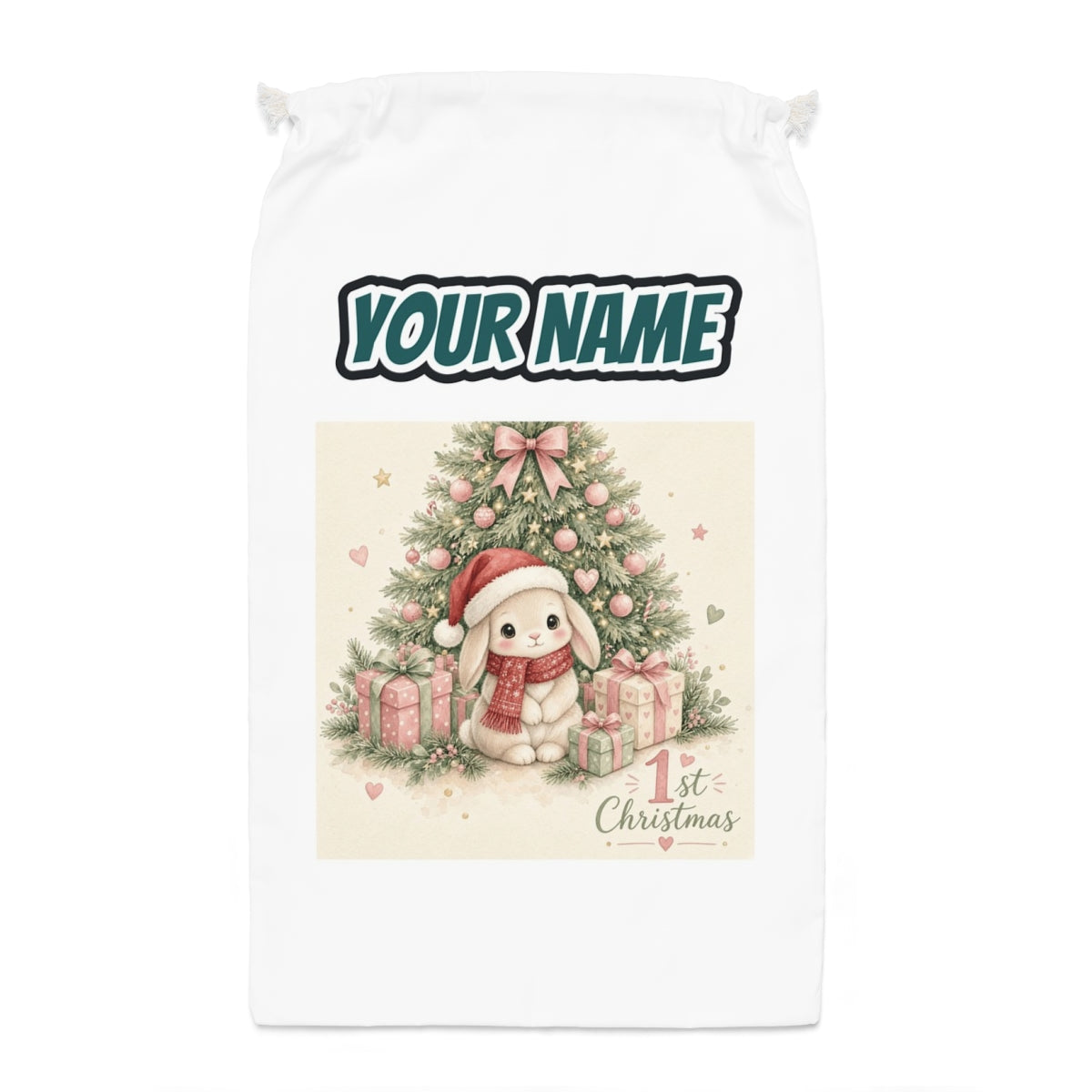 Bunny's First Christmas Santa sack laid flat, showing the full print