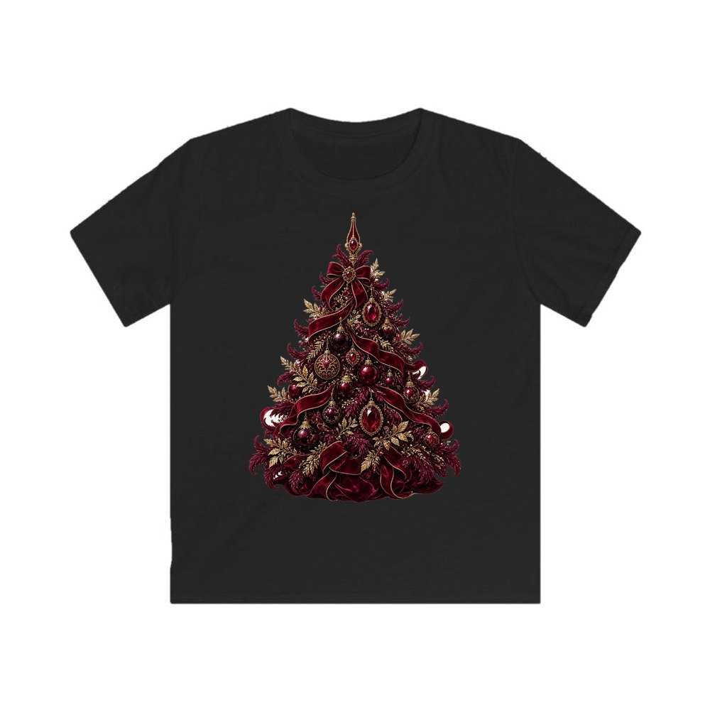 Burgundy Christmas Tree personalised kids Christmas tee in black