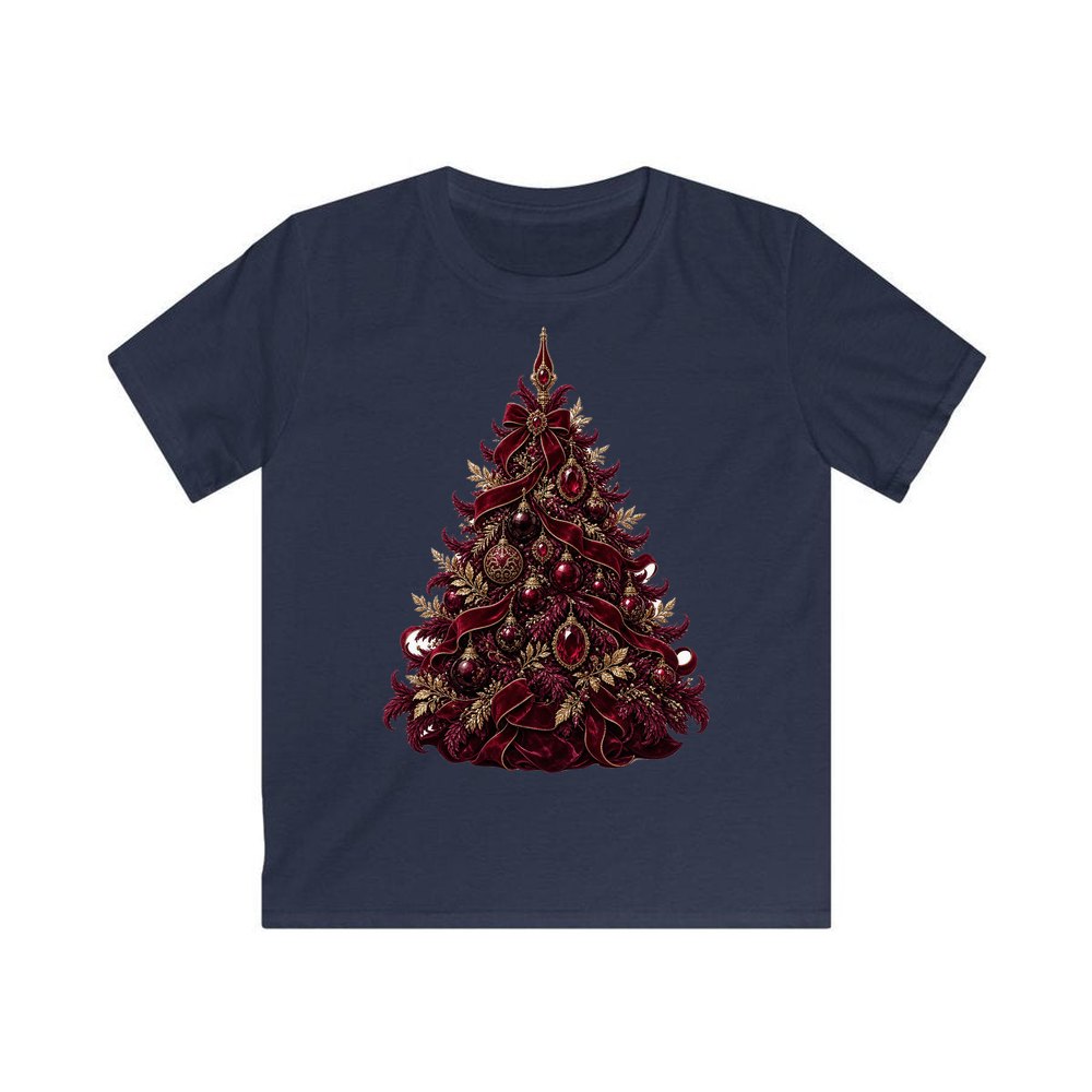 Burgundy Christmas Tree personalised kids Christmas tee in navy