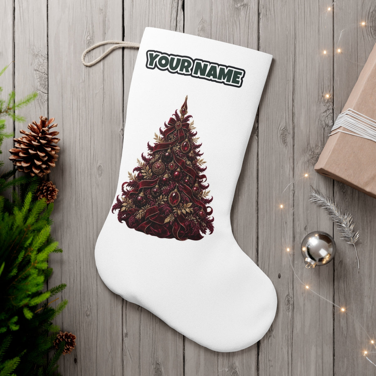 Burgundy Christmas Tree personalised Christmas stocking, white, with the name across the top