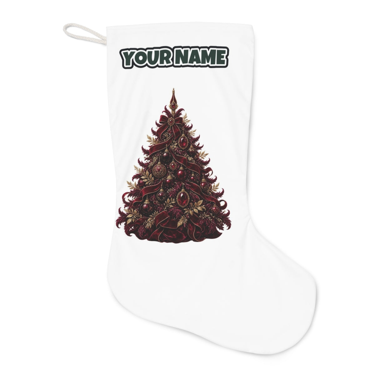 Burgundy Christmas Tree Christmas stocking laid flat, showing the full print