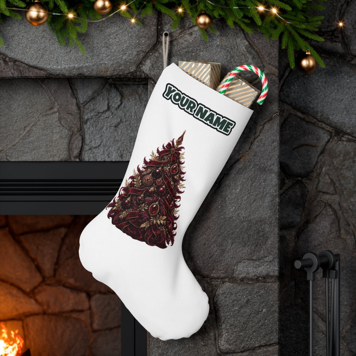 Burgundy Christmas Tree personalised Christmas stocking hanging on a mantel