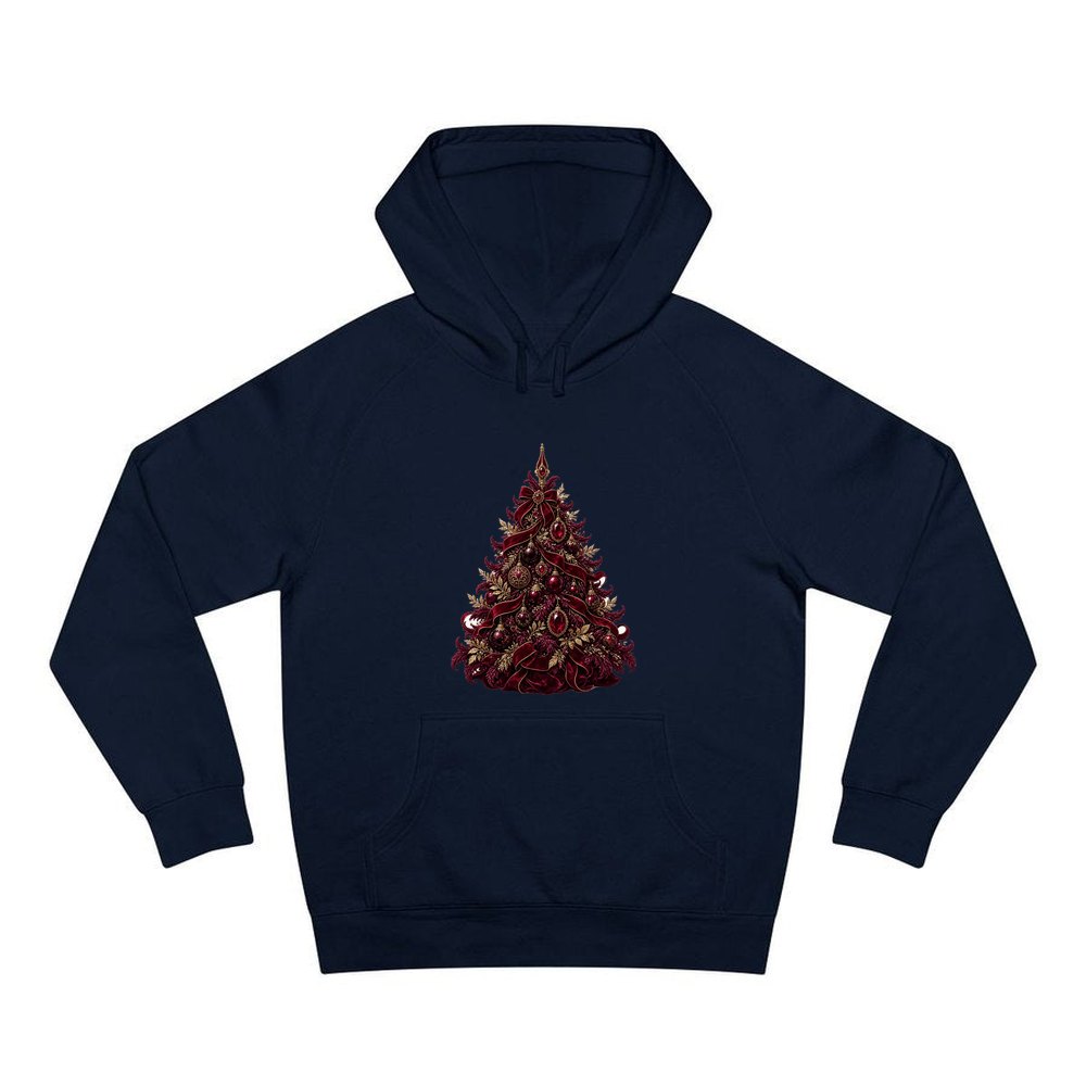 Burgundy Christmas Tree personalised Christmas hoodie in navy