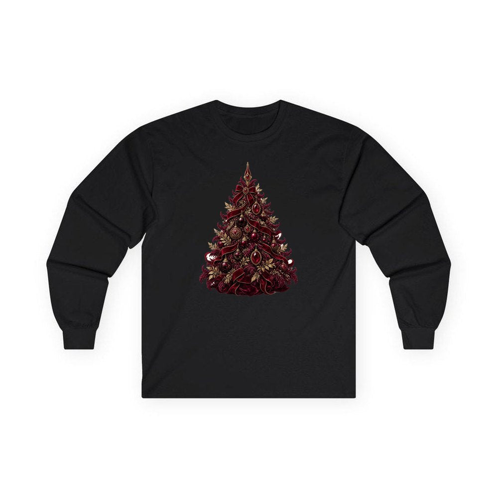 Burgundy Christmas Tree personalised long sleeve Christmas T-shirt in black