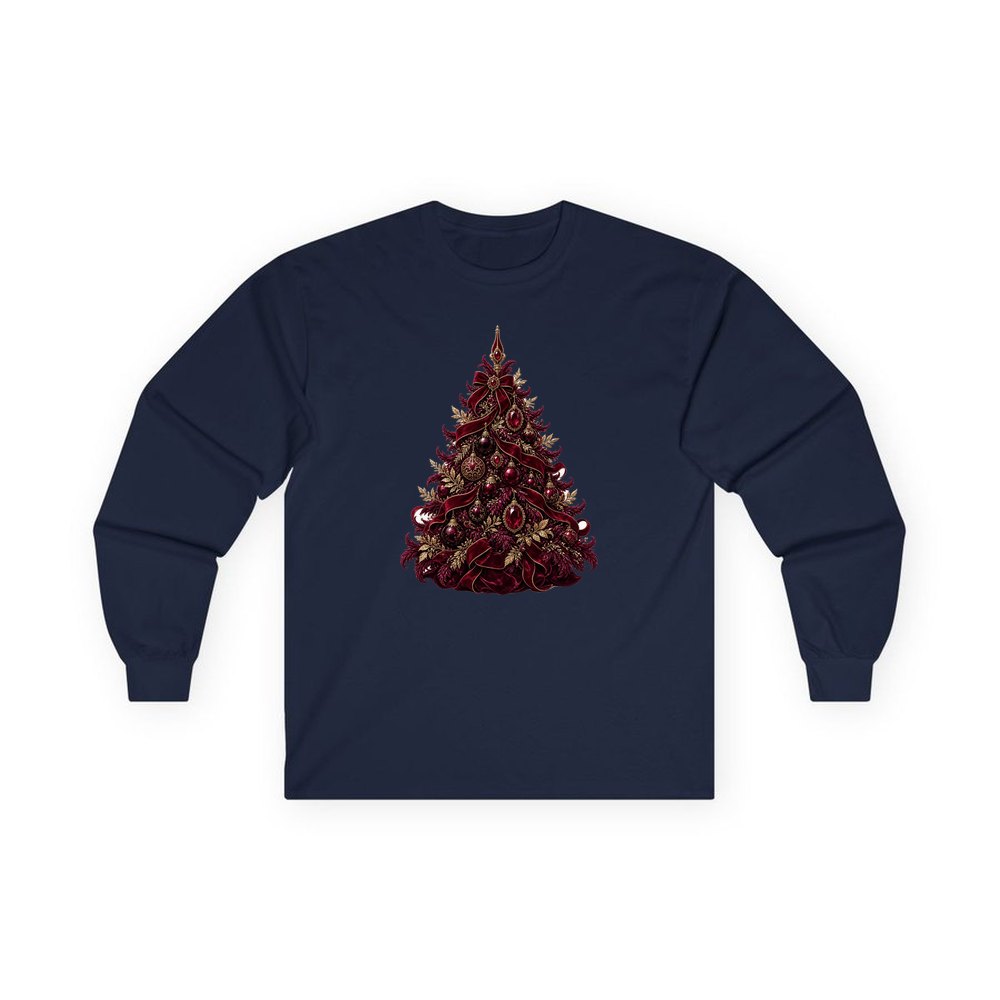 Burgundy Christmas Tree personalised long sleeve Christmas T-shirt in navy