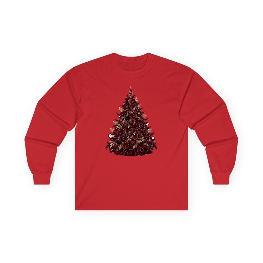 Burgundy Christmas Tree personalised long sleeve Christmas T-shirt in red