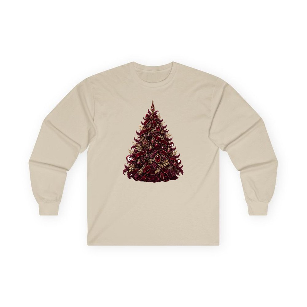 Burgundy Christmas Tree personalised long sleeve Christmas T-shirt in sand