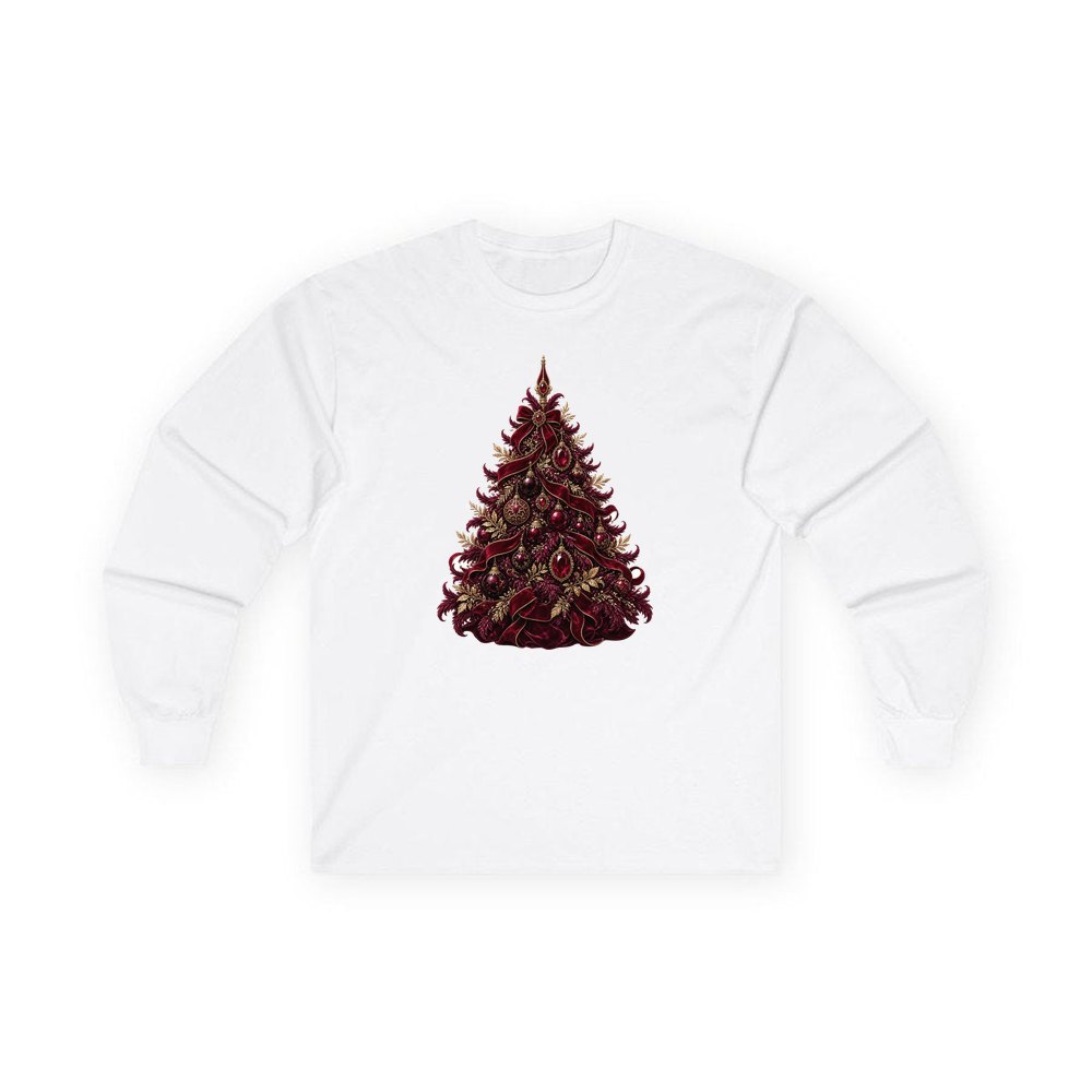 Burgundy Christmas Tree personalised long sleeve Christmas T-shirt in white