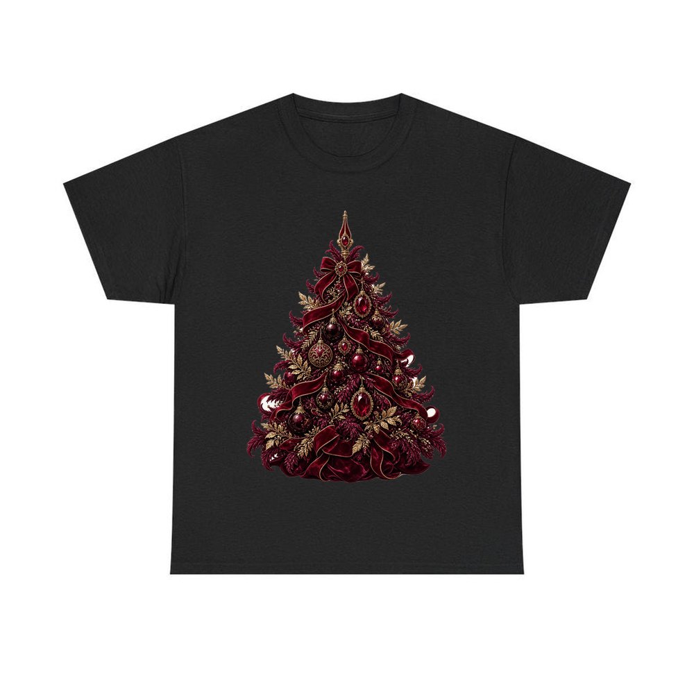 Burgundy Christmas Tree personalised Christmas T-shirt in black