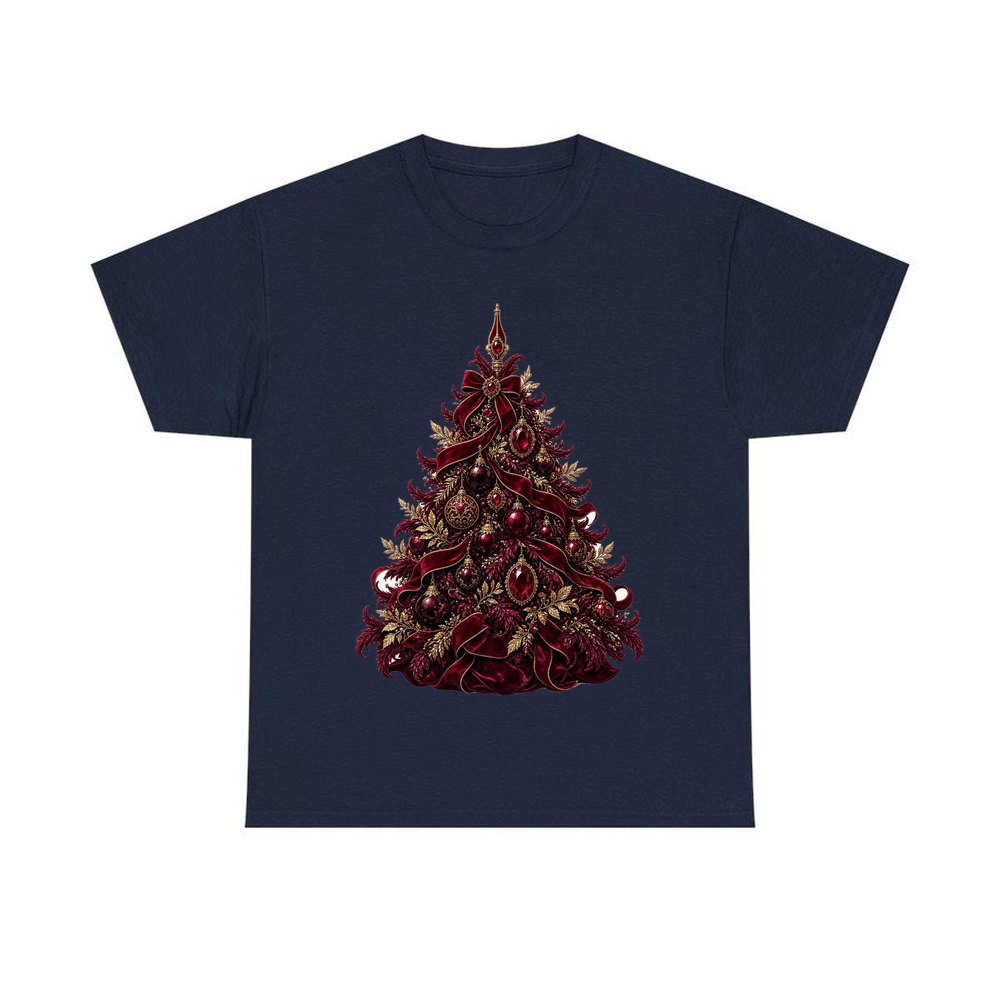 Burgundy Christmas Tree personalised Christmas T-shirt in navy