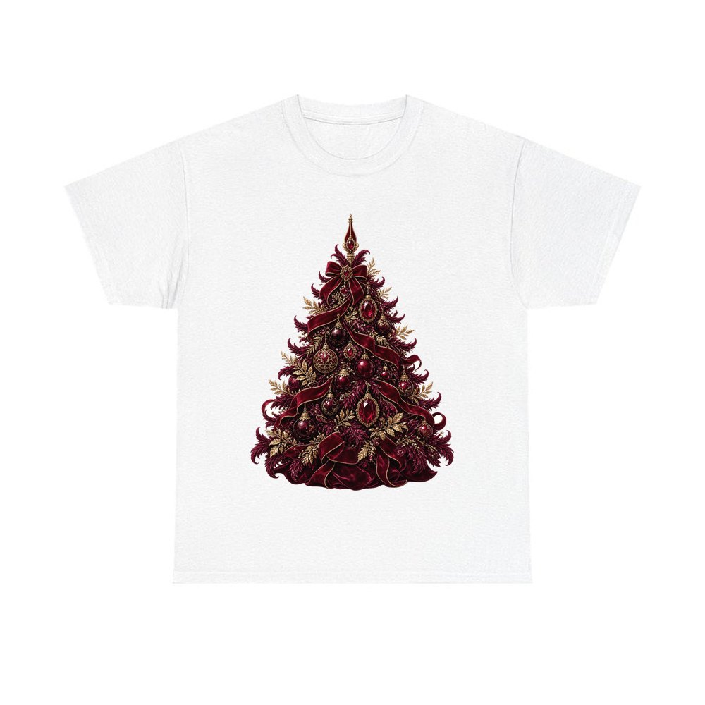 Burgundy Christmas Tree personalised Christmas T-shirt in white
