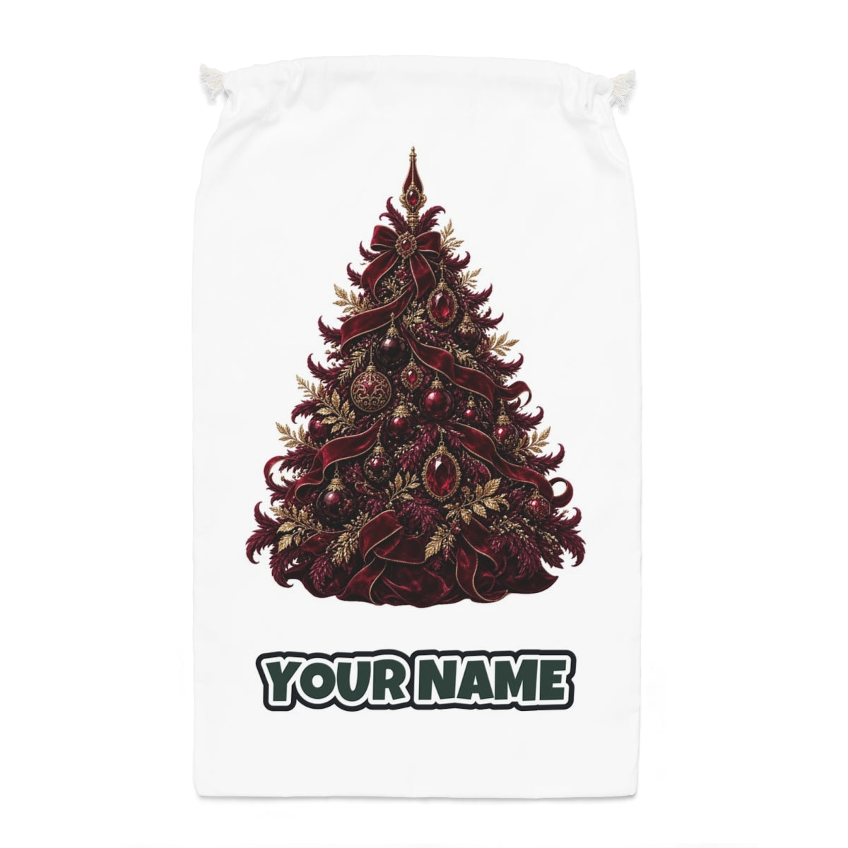 Burgundy Christmas Tree Santa sack laid flat, showing the full print