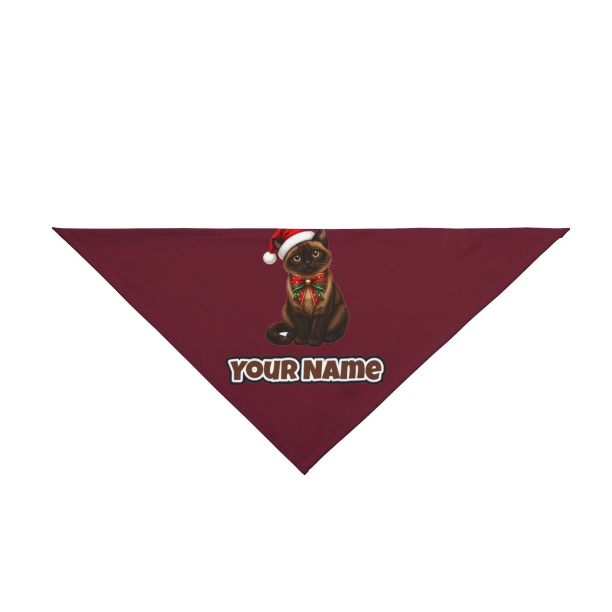 Burmese personalised Christmas pet bandana in maroon, tie-on style