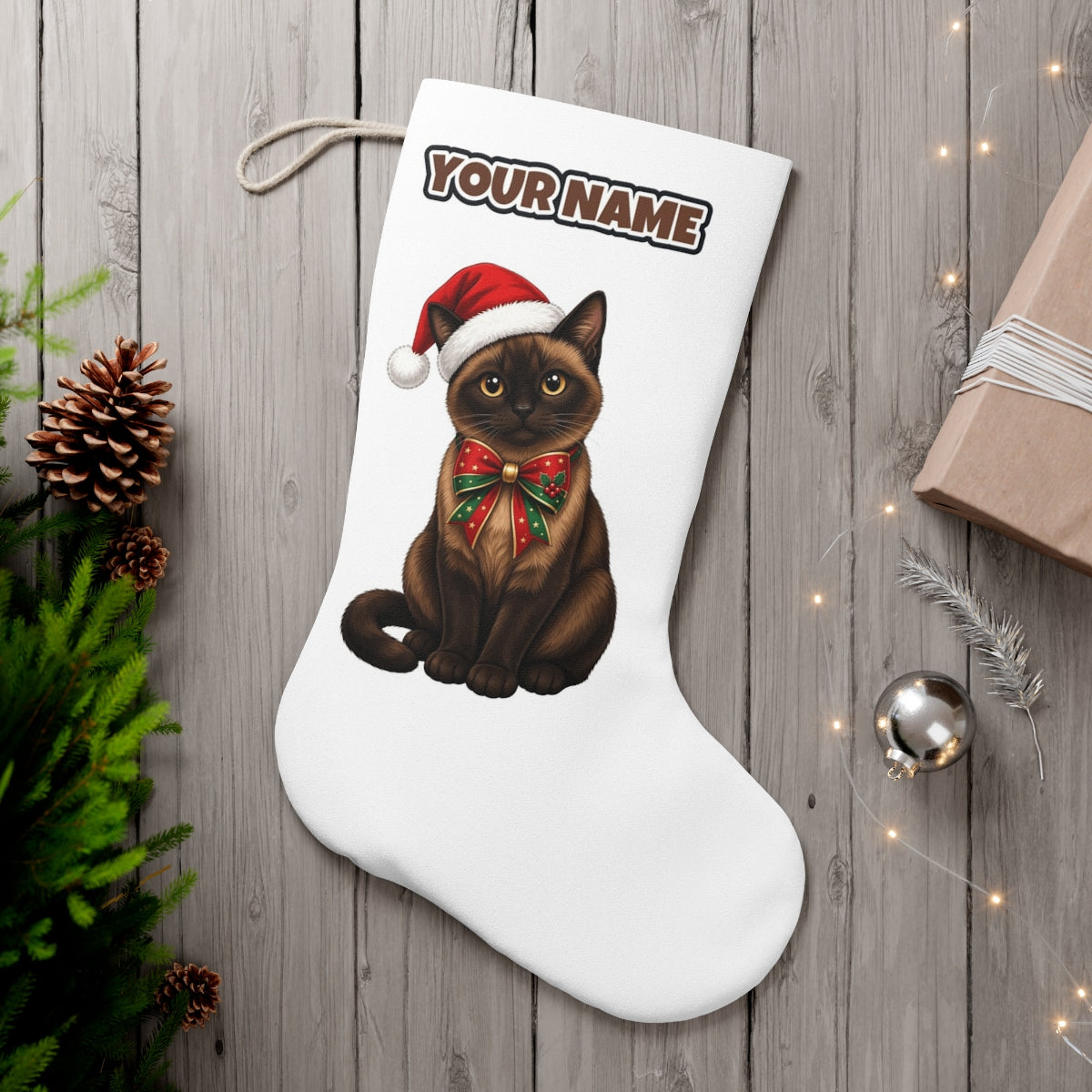 Burmese personalised Christmas stocking, white, with the name across the top