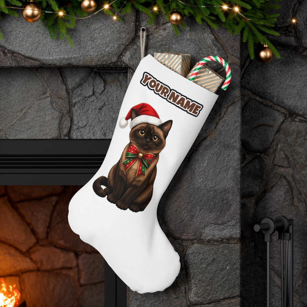 Burmese personalised Christmas stocking hanging on a mantel