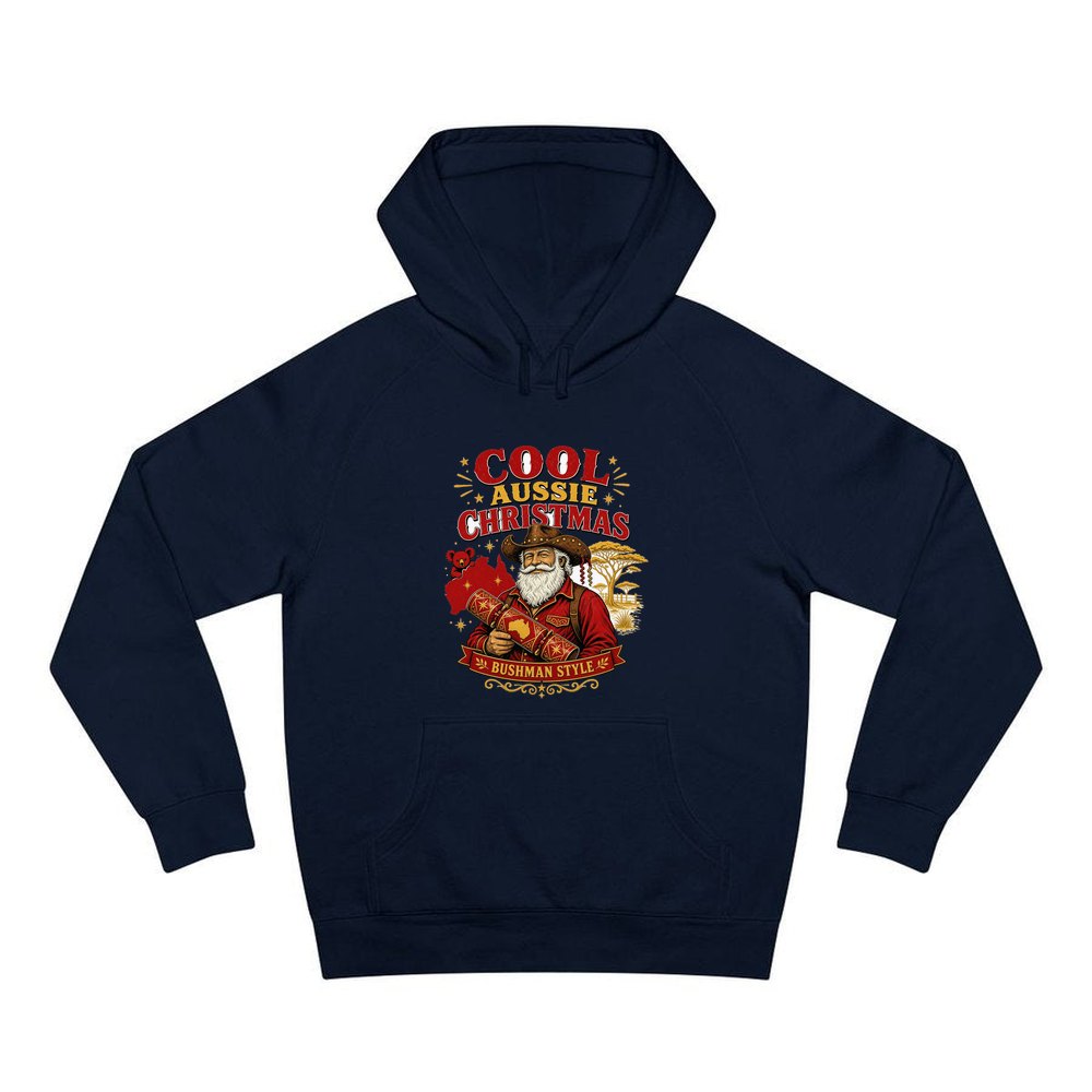 Bushman Santa Christmas Cracker personalised Christmas hoodie in navy