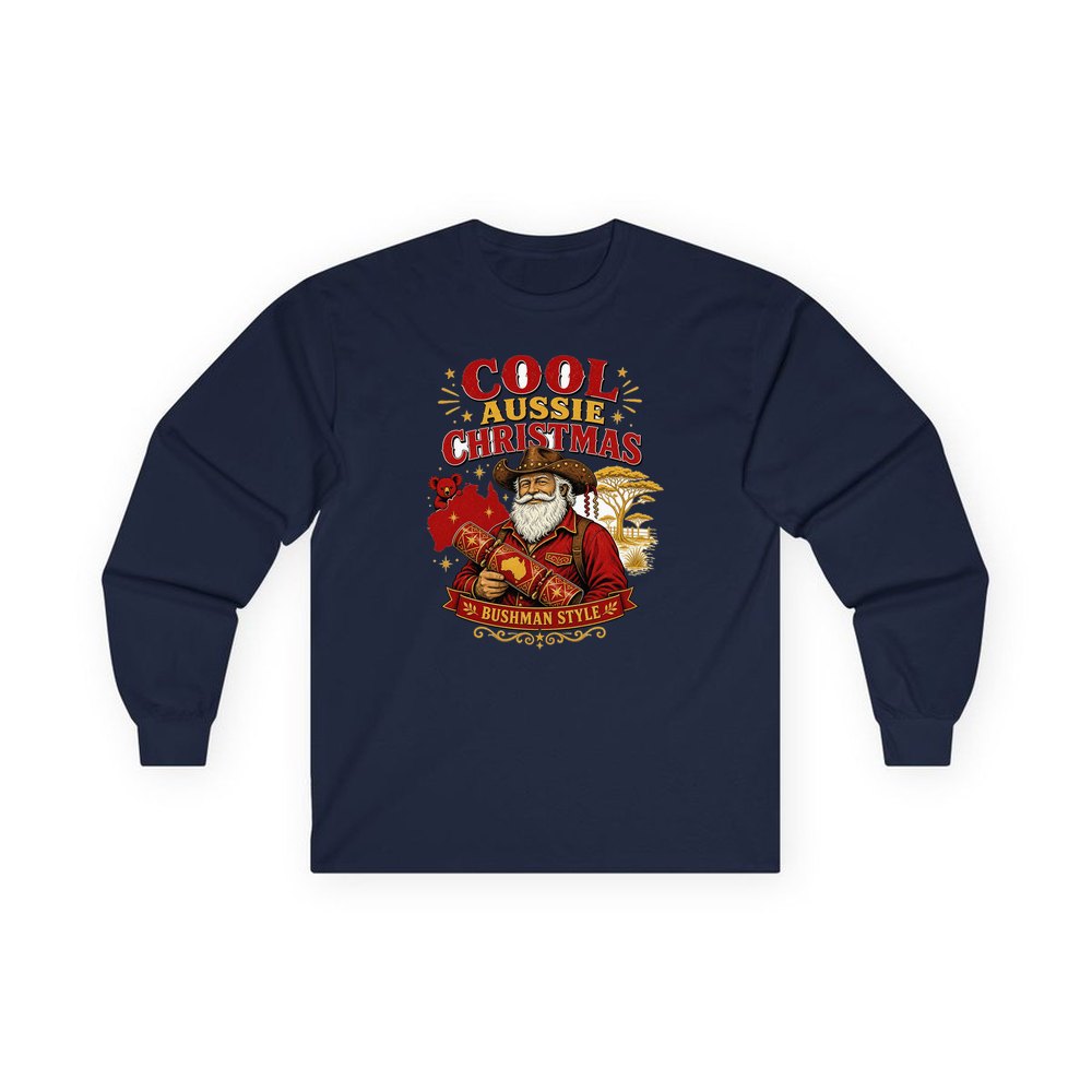 Bushman Santa Christmas Cracker personalised long sleeve Christmas T-shirt in navy