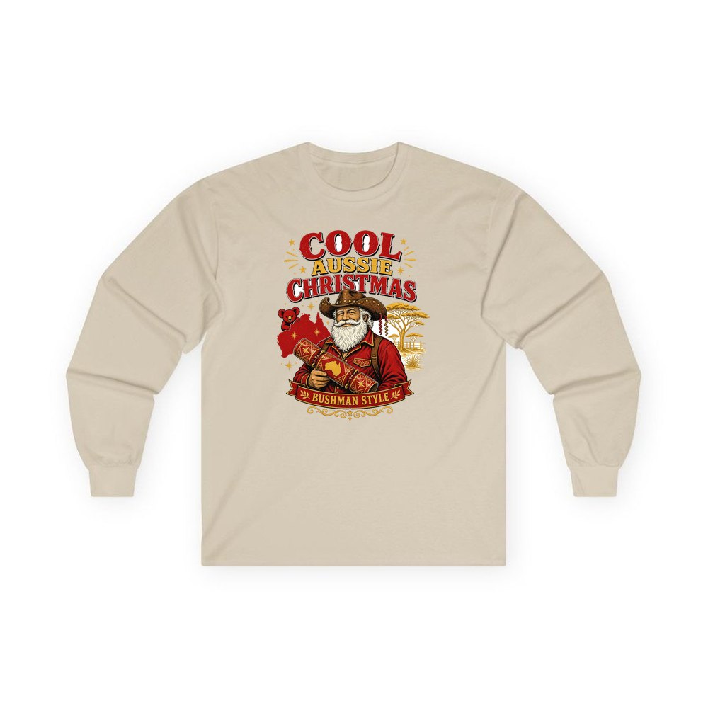 Bushman Santa Christmas Cracker personalised long sleeve Christmas T-shirt in sand