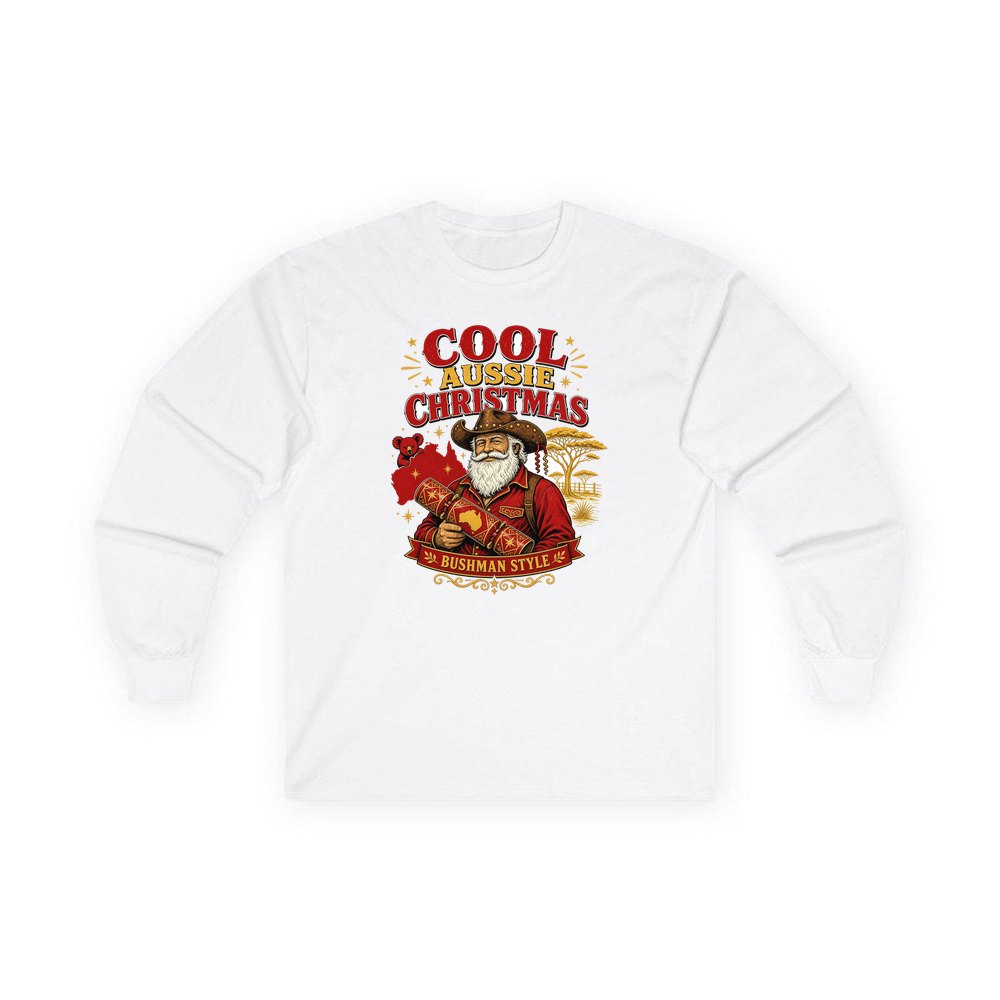 Bushman Santa Christmas Cracker personalised long sleeve Christmas T-shirt in white